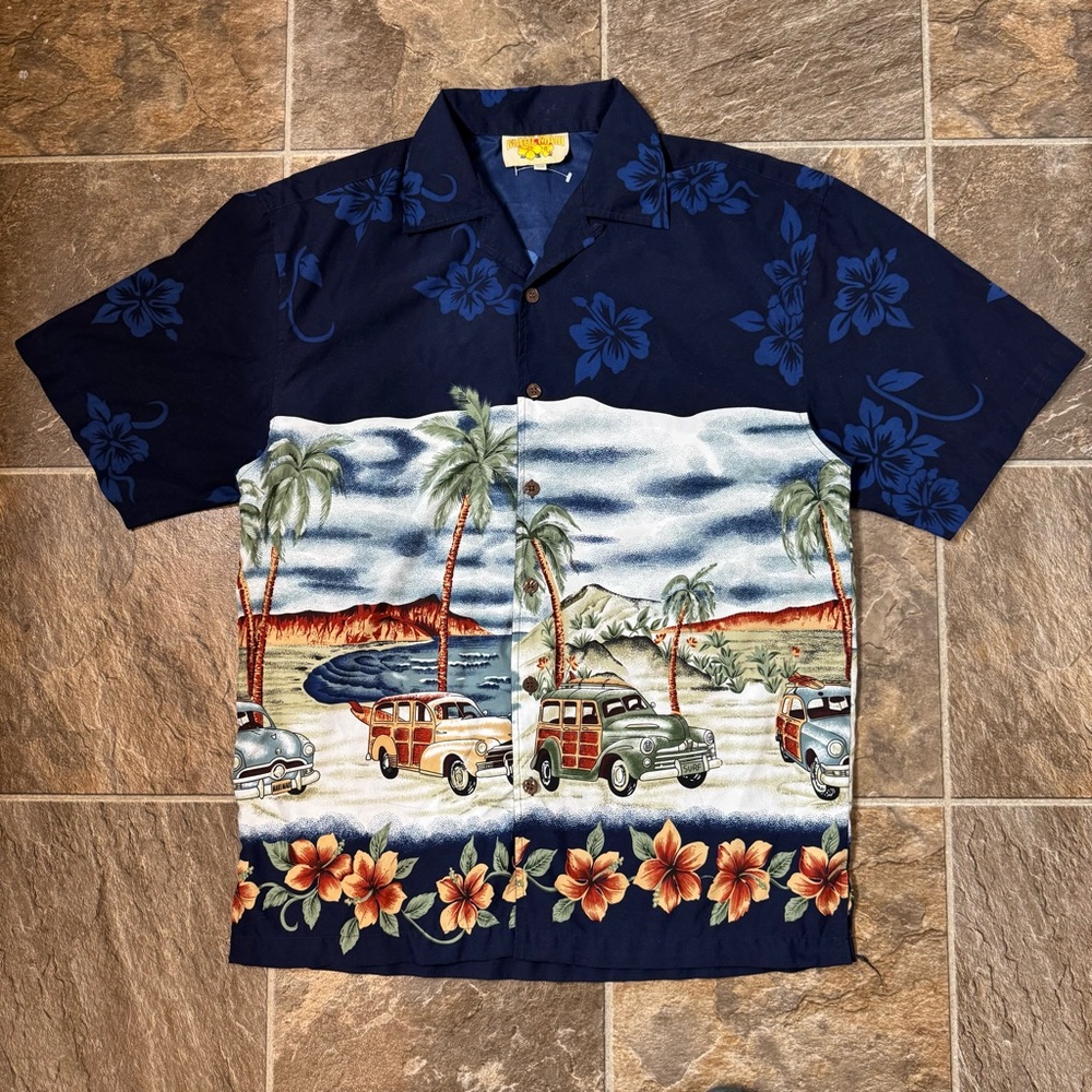Vintage  Hawaiian Shirt Mens Medium 90's Blue Maui Maui Brand Cars